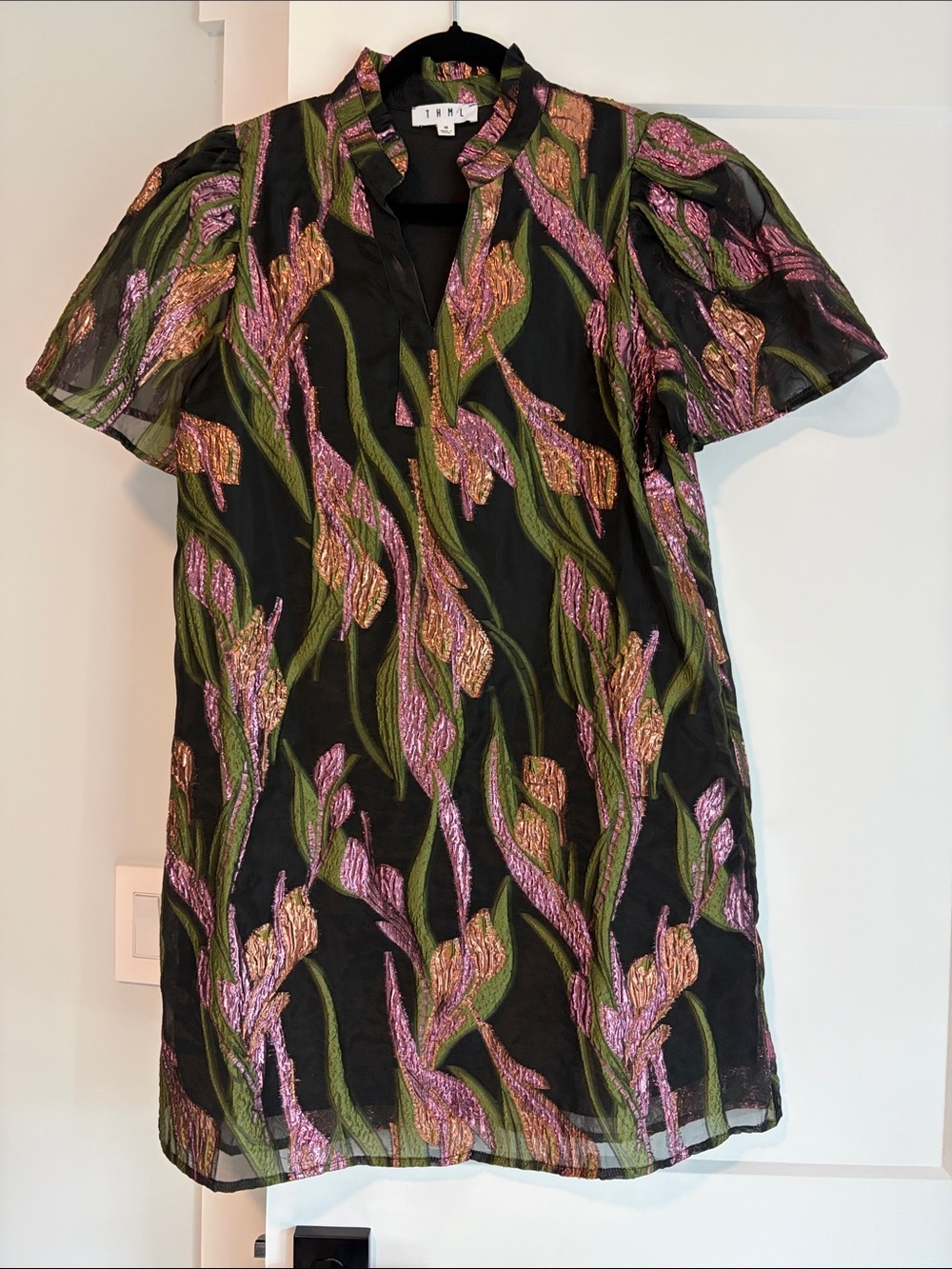 THML Black Shift Dress with Pink & Green Floral Embroidery
